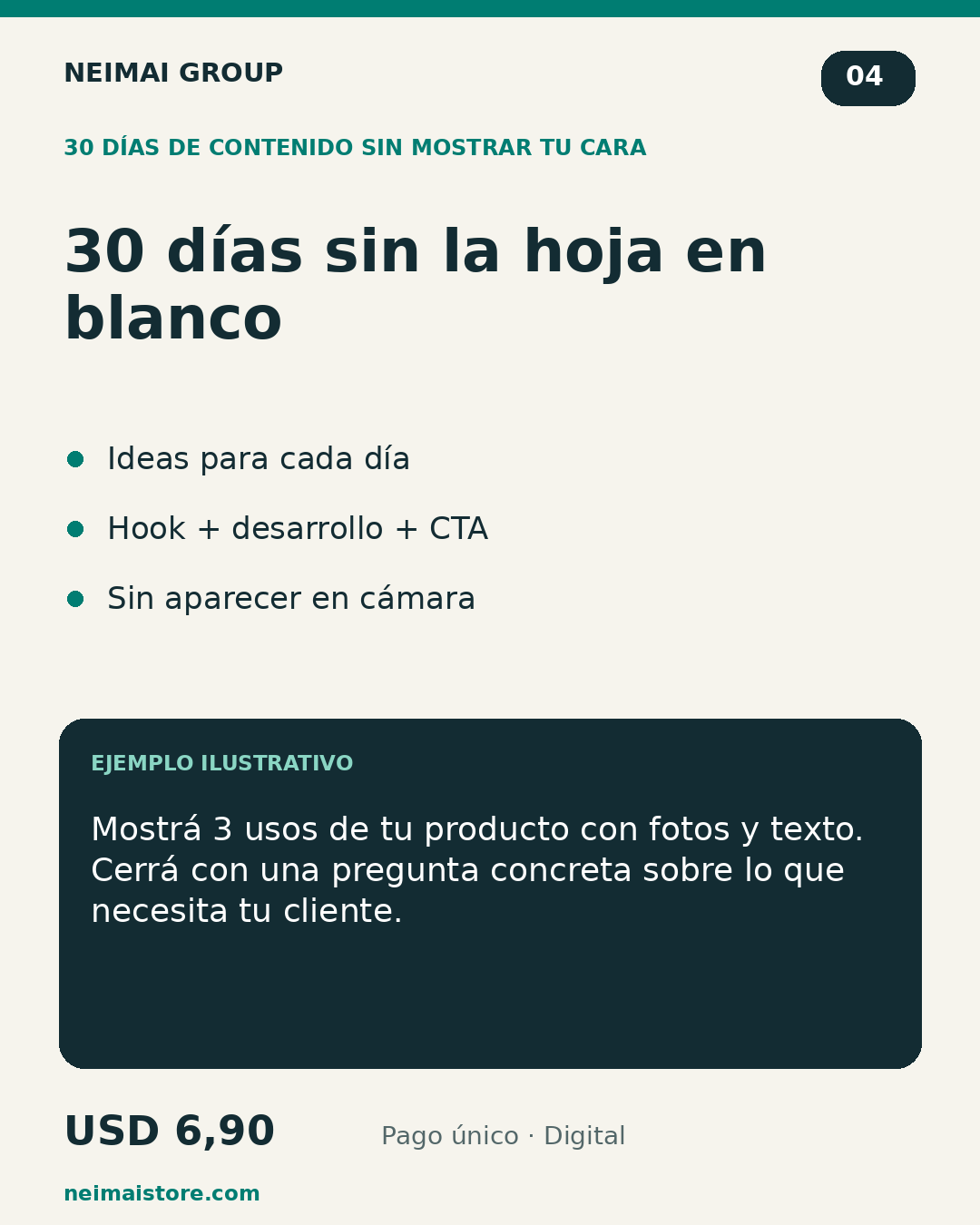 Qué incluye 30 Días de Contenido sin Mostrar tu Cara y ejemplo ilustrativo de uso