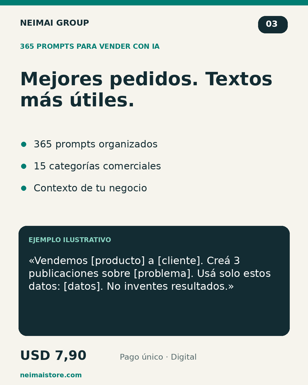 Qué incluye 365 Prompts para Vender con IA y ejemplo ilustrativo de uso
