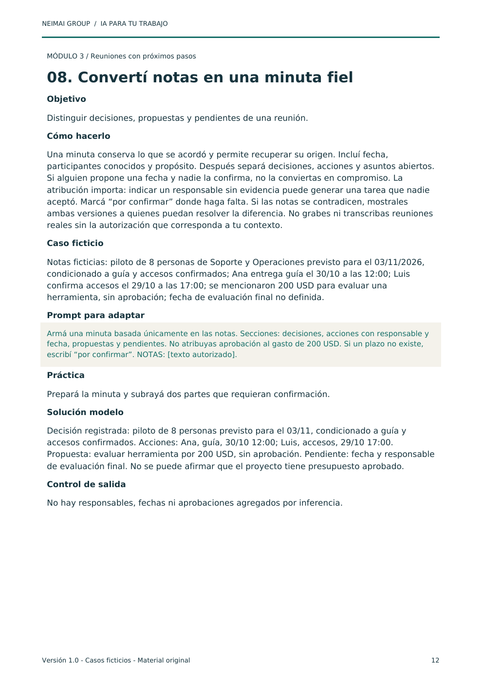 Vista real de una lección del curso: cómo convertir notas en una minuta fiel, con ejercicio y solución modelo.